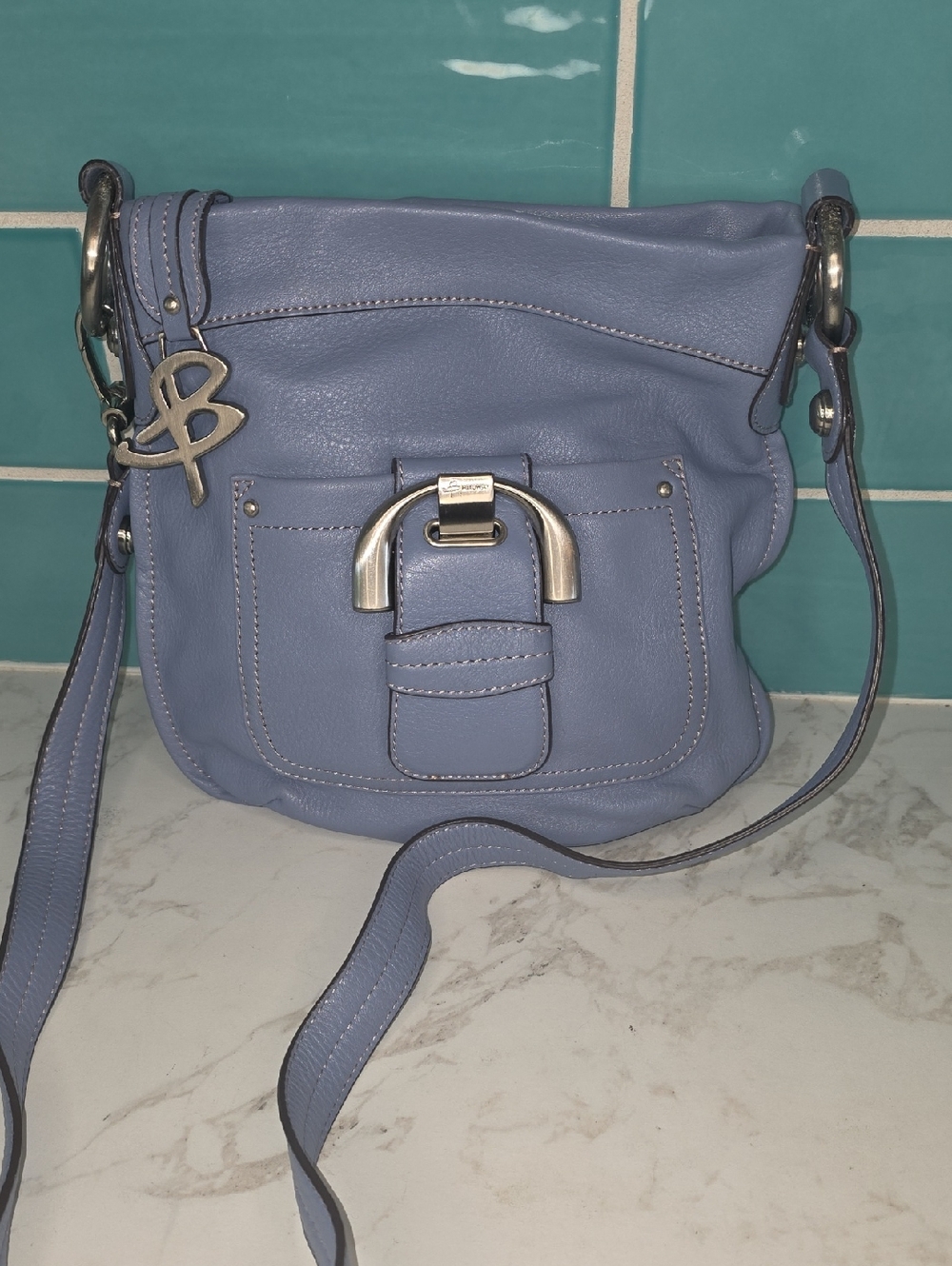 b. makowsky Soft Lilac Blue Leather Crossbody with Silver Hardware